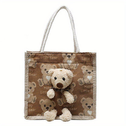 Kawaii Cow Print Tote Bag, Cute Bear Pendant Canvas Bag, Women's Casual Handbag & Shopping Bag