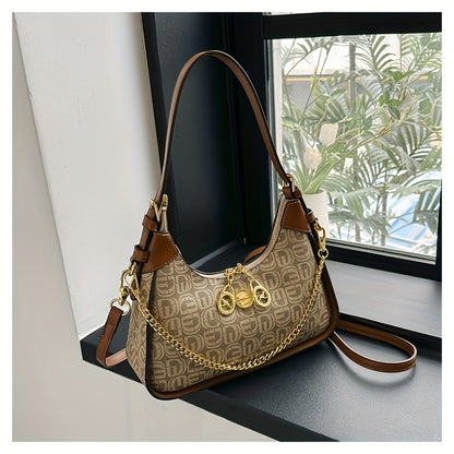 Retro Printed Shoulder Bag, Trendy Zipper Crescent Bag, Luxury Underarm Purse For Women