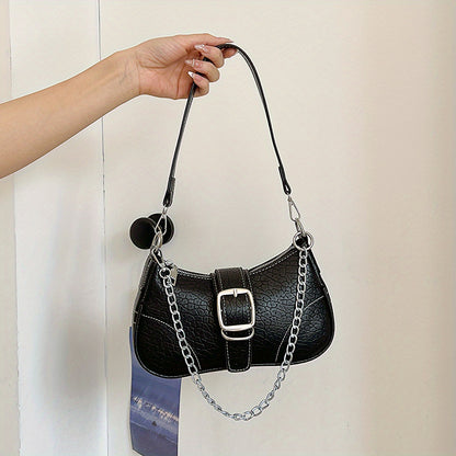 Y2K Denim Crossbody Handbag, Chain Decor Shoulder Bag, Buckle Decor Stitch Chain Baguette Bag