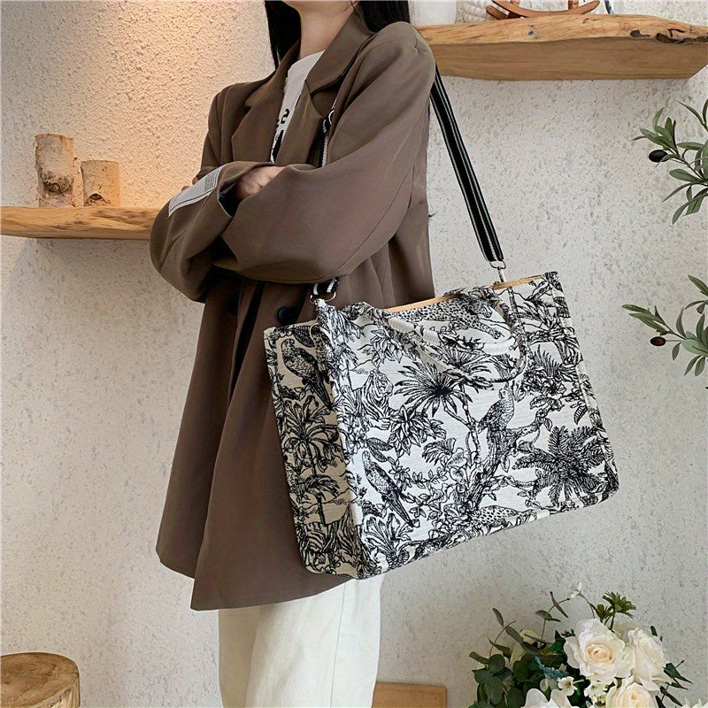 Flower Sketch Large Capacity Canvas Tote Bag, Durable Lightweight Shoulder Satchel Bag, Casual Practical Commuter Bag