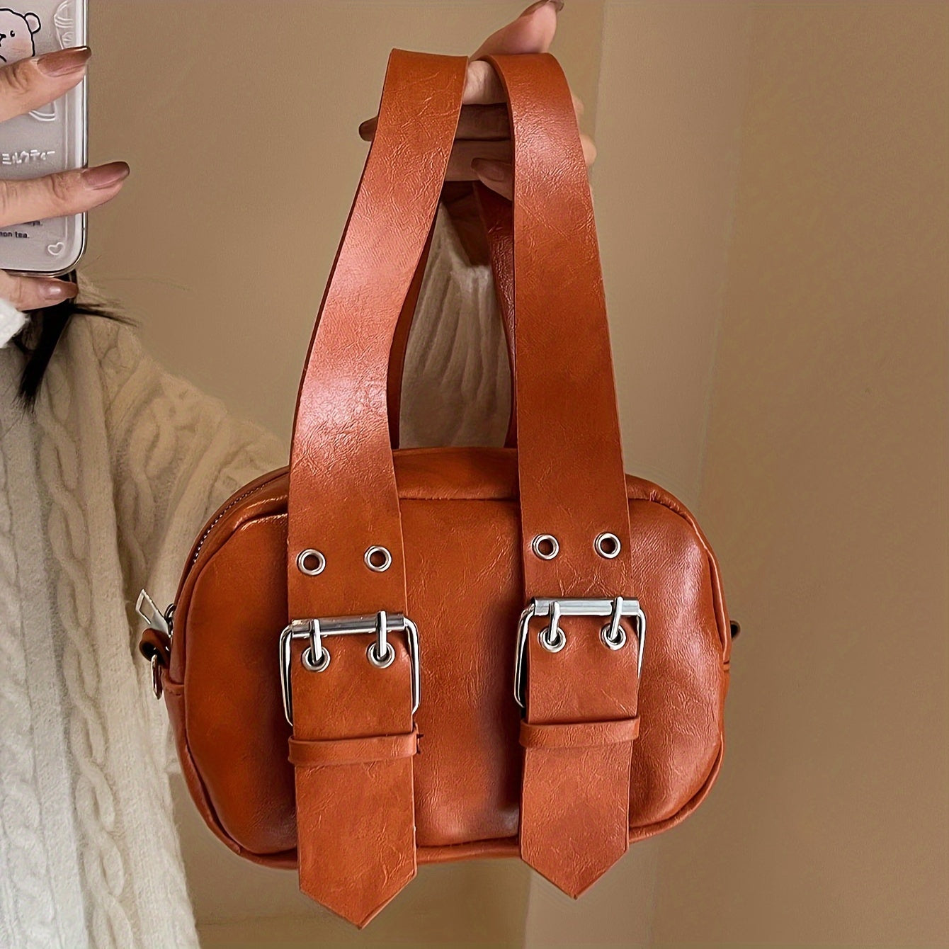 Vintage Solid Color Handbag, Niche Design Crossbody Bag, Punk Style Buckle Purse For Women