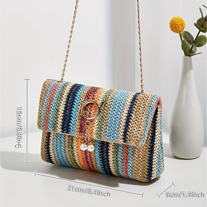 realaiot  Rainbow Straw Woven Beach Bag, Fashion Chain Crossbody Bag, Colorful Stripes Square Purse