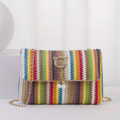 realaiot  Rainbow Straw Woven Beach Bag, Fashion Chain Crossbody Bag, Colorful Stripes Square Purse