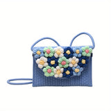 realaiot  Flower Handwoven Crossbody Bag, Cute Colorblock Shoulder Bag, Women's Casual Handbag & Purse