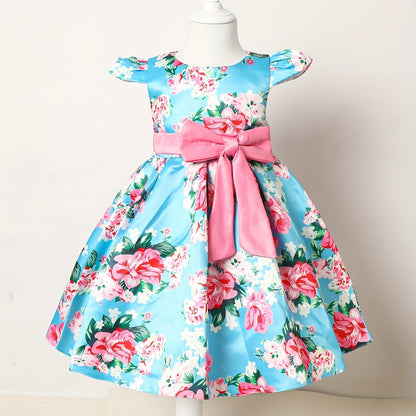 Elegant Floral Print Bowknot Princess Dress for Girls - Fit & Flare Midi with Lace-Up Detail