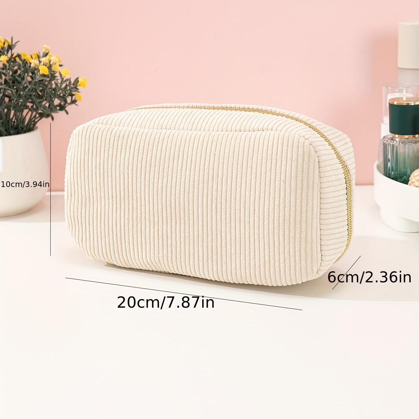 realaiot  Corduroy Beige Makeup Bag, Simple Zipper Cosmetic Bag For Women, Roomy Fashion Purse Makeup Pouch, Travel Portable Toiletry Bag Accessories Organizer Gifts