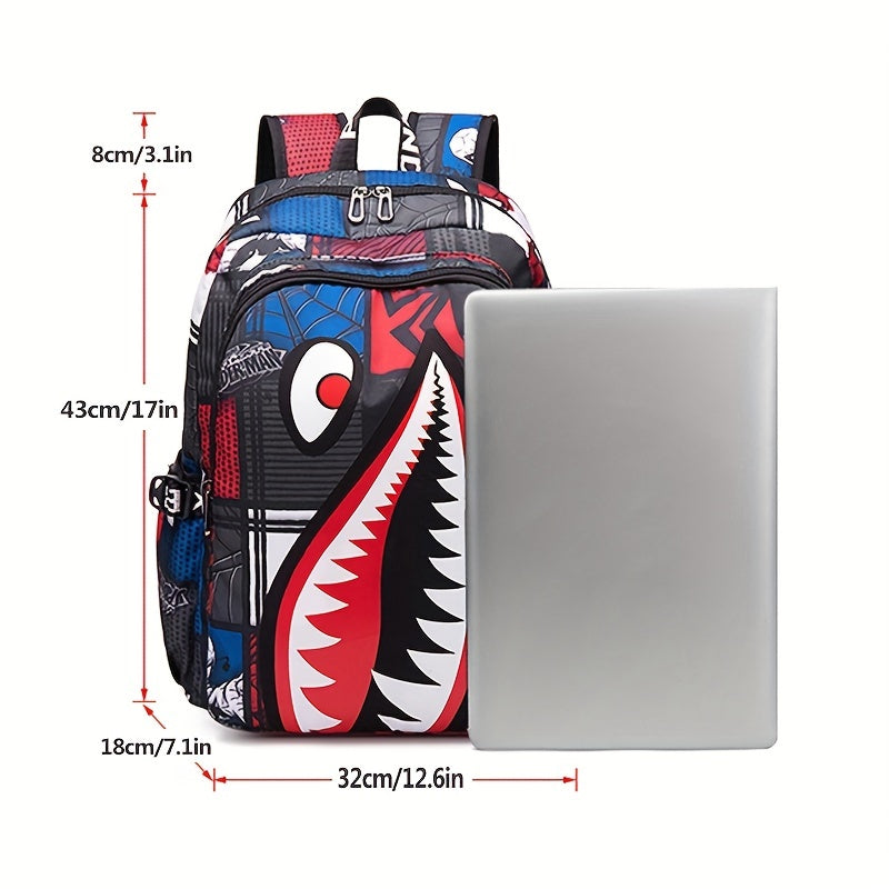 Shark Pattern Backpack, Trendy Nylon Student School Bag, Lightweight Travel Bookbag With USB Charging Port