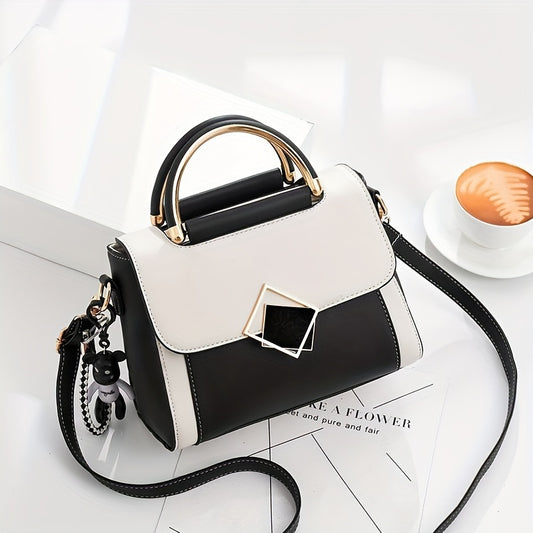 realaiot  Color Contrast Crossbody Bag, Fashion PU Leather Handbag, Women's Top Handle Flap Purse