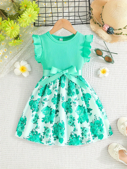 Charming Sweet Girls Floral Spliced Dress - Soft 93% Cotton, Perfect for Summer Parties & Gifts