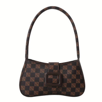 Checkered Texture Shoulder Bag, Retro Style Underarm Purse, Trendy Buckle Decor Handbag For Women