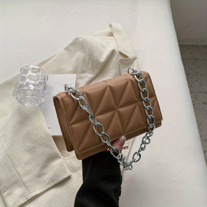 Triangle Pattern Thick Metal Chain Underarm Bag, PU Leather Textured Bag Purse, Fashion Versatile Baguette Bag