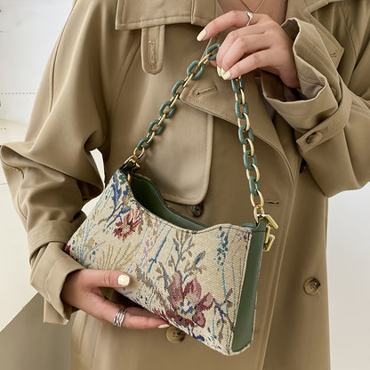 realaiot  Classic Flower Pattern Shoulder Baguette Bag, Niche Elegant Underarm Bag With Chain Decor