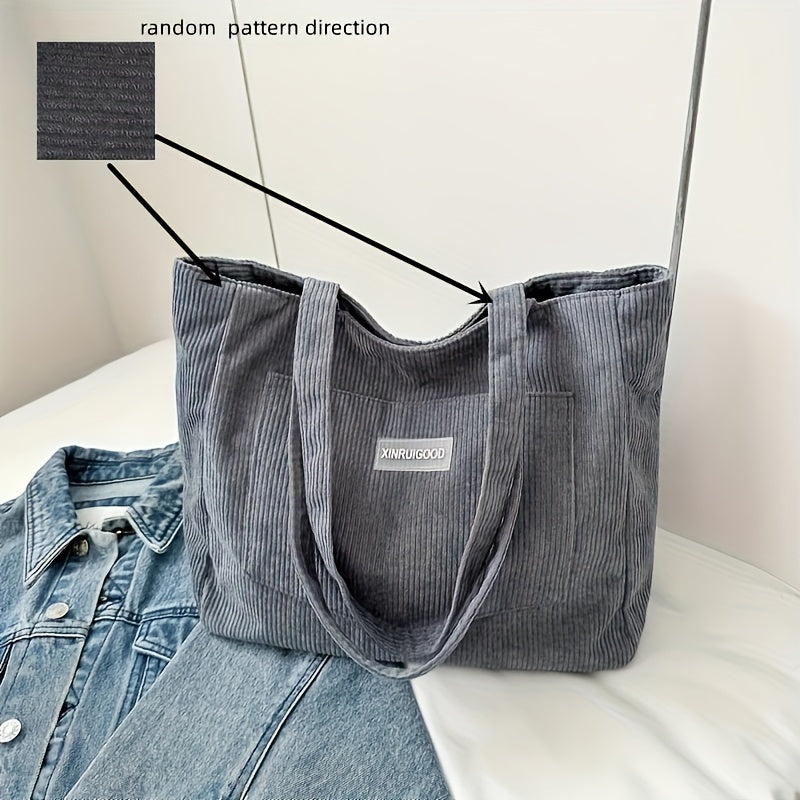 Large Capacity Shoulder Bag, Trendy Corduroy Tote Bag, Solid Color Ladies Handbag With Front Pocket