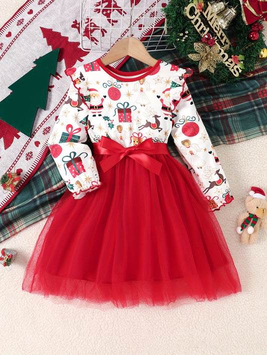 Little Girls' Cartoon Christmas Party Dress - Long Sleeve A-line Tutu Dress with Ribbon Belt, Holiday Gift Pattern for Celebrations