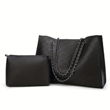realaiot  Large Capacity Solid Color Tote Bag, PU Leather Handbag And Adjustable Metal Chain Shoulder Strap Carrying Bag
