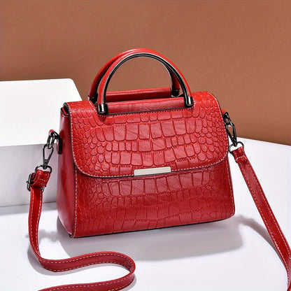 realaiot Classic Crocodile Embossed Crossbody Bag, Elegant Square Flap Shoulder Bag, Women's Versatile Handbag & Purse