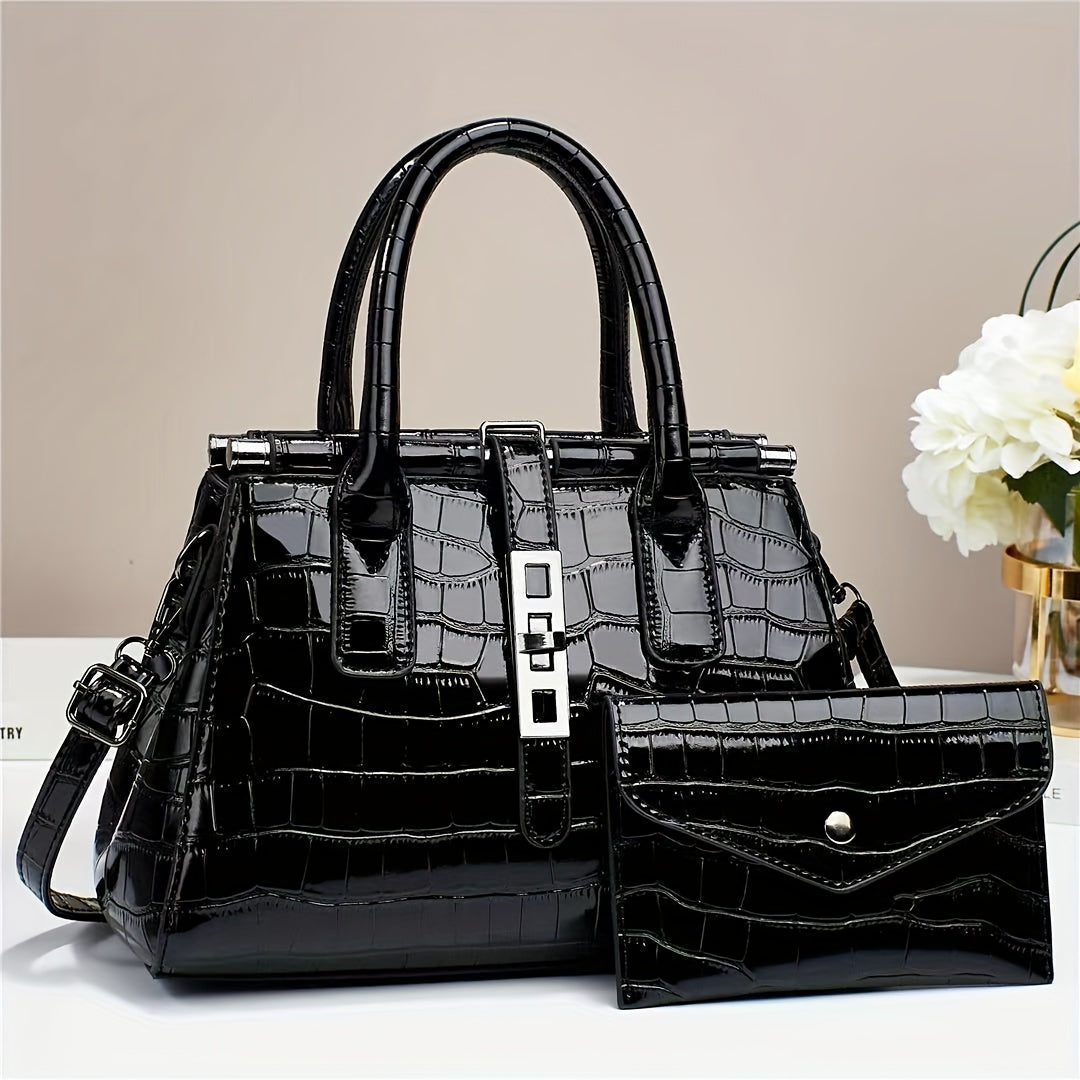 2Pcs Trendy Gradient Color Tote Bag Set, Multi-pocket Divider Crocodile Pattern Shoulder Bag & Coin Purse, Perfect Handbag For Commuting