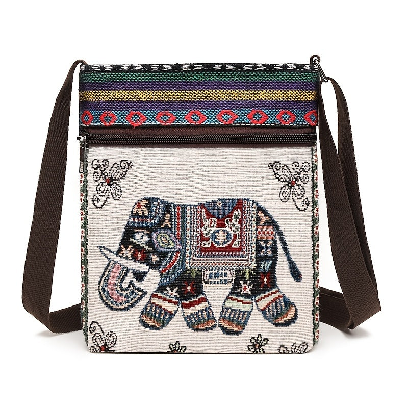 realaiot  Ethnic Style Canvas Crossbody Bag, Animal Embroidery Square Purse, Women's Phone Bag For Work & Travel