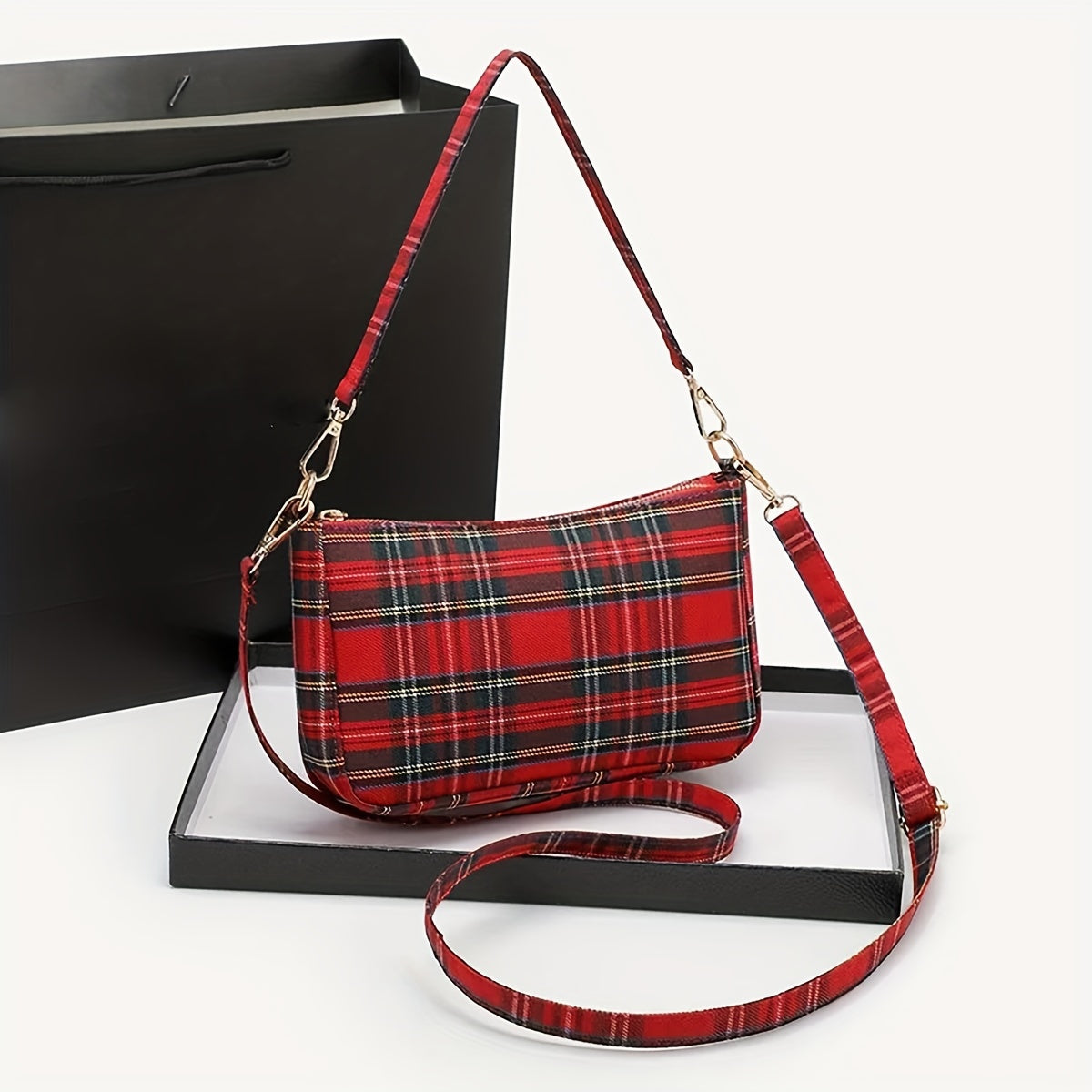 realaiot  Vintage Plaid Pattern Handbag, Y2K Shoulder Bag For Women, Trendy Crossbody Bag For Street Wear