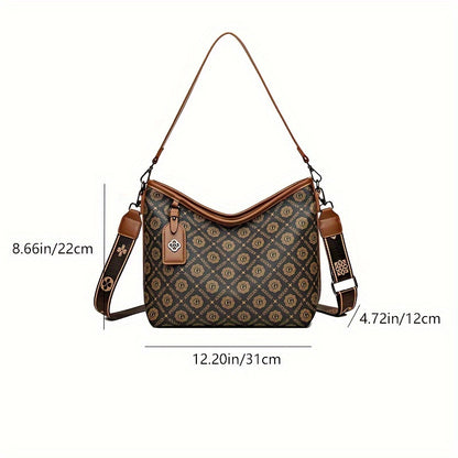 realaiot  Vintage Printed Handbag, Zipper Lightweight Shoulder Bag With Removeable Strap, Large Capacity PU Leather Crossbody Bag For Women