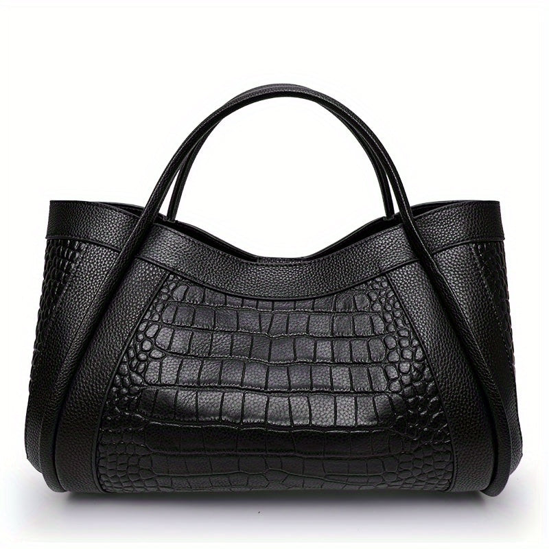 realaiot Black Crocodile Embossed Handbag, Large Capacity Zipper Tote Bag, Genuine Leather Detachable Strap Crossbody Bag