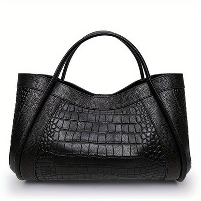 realaiot Black Crocodile Embossed Handbag, Large Capacity Zipper Tote Bag, Genuine Leather Detachable Strap Crossbody Bag