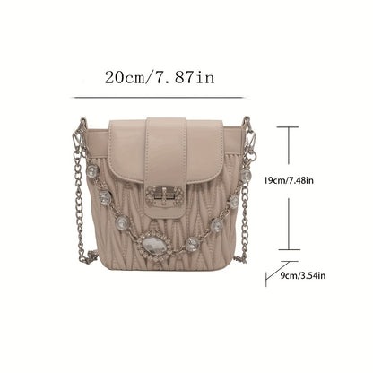 realaiot Fashion Quilted Ruched Bucket Bag, Women Mini Crossbody Bag, Glitter Rhinestone Chain Decor Handbag Shoulder Purse