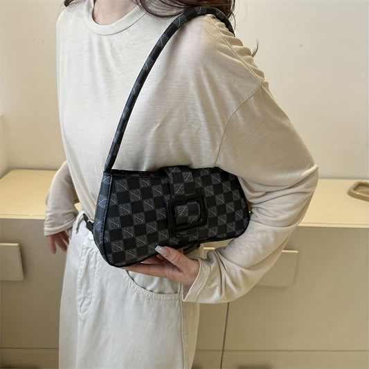 Checkered Texture Shoulder Bag, Retro Style Underarm Purse, Trendy Buckle Decor Handbag For Women