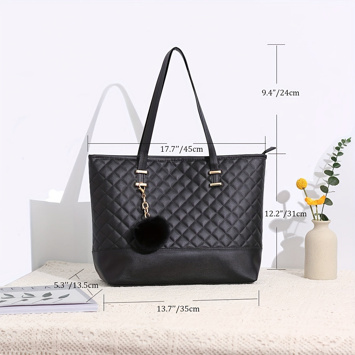 realaiot  Fashion Argyle Quilted Tote Bag, Large Capacity Shoulder Bag, Women's PU Leather Handbag With Pompom Ball Pendant