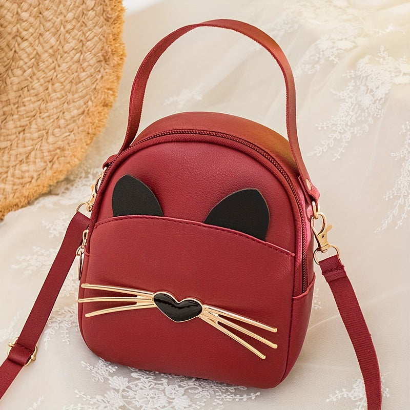 Mini Cute Cat Crossbody Bag, Fashion Convertible Backpack, Women's PU Leather Handbag & Purse