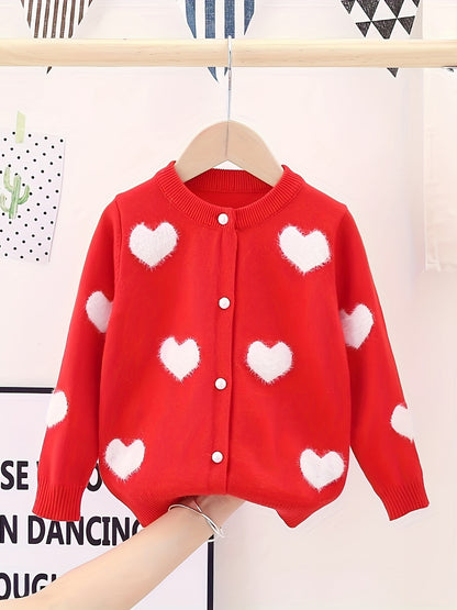 Toddler Girls Exquisite Knit Cardigan - Soft, Vibrant Red with Adorable White Heart Patterns, Classic Button-Front, Long Sleeves - Perfect for Spring and Autumn, Latest  Fashion Trend