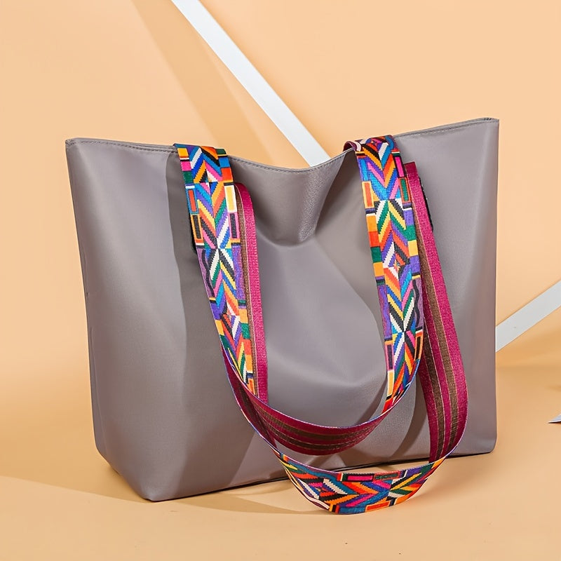 realaiot  Trendy Classic Tote Shoulder Bag, All-Match Versatile Commuter Tote Bag For Women With Colorful Geometric Pattern Strap