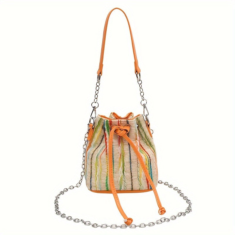 realaiot  Striped Tweed Bucket Bag For Women, Trendy Mini Chain Crossbody Bag, Autumn Winter Drawstring Shoulder Purse