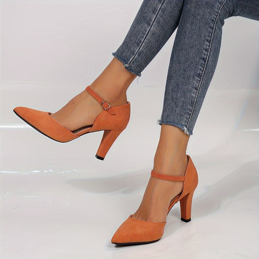 Stylish Solid Color Block Heels - Pumps with Pointed Toe, Buckle Strap, and Comfortable Design for Casual and Formal Occasions