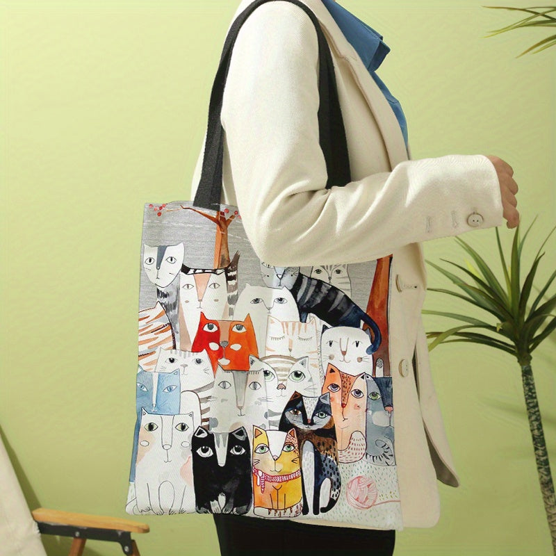 realaiot  Cartoon Cats Print Shoulder Bag, All-Match Canvas Satchel Bag, Lightweight Shopper Bag