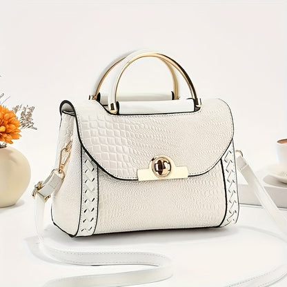 Classic Solid Color Mini Square Shoulder Bag, Crocodile Pattern Top Handle Bag For Women