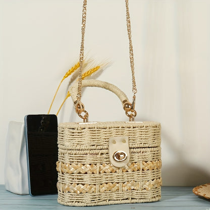 realaiot  Stylish Woven Mini Box Bag, Portable Hollow Shoulder Bag, Perfect Crossbody Box Bag For Beach Traveling