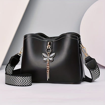 Butterfly Decor Crossbody Bag, Fashion Solid Color Bucket Bag, Women's Shoulder Bag With Wide Strap