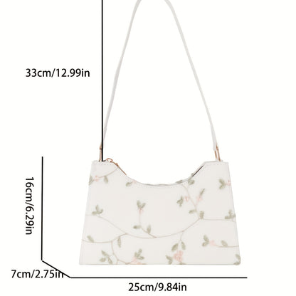 realaiot  Flower Print Waterproof Crossbody Bag, Fashion Simple PU Leather Shoulder Bag With Pearl Chain, Women's Trendy Versatile Underarm Bag & Handbag