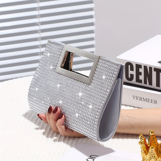 realaiot Shiny Rhinestone Evening Bag, Elegant Square Handle Clutch Purse, Women's Dress Handbag For Wedding Party Prom Banquet