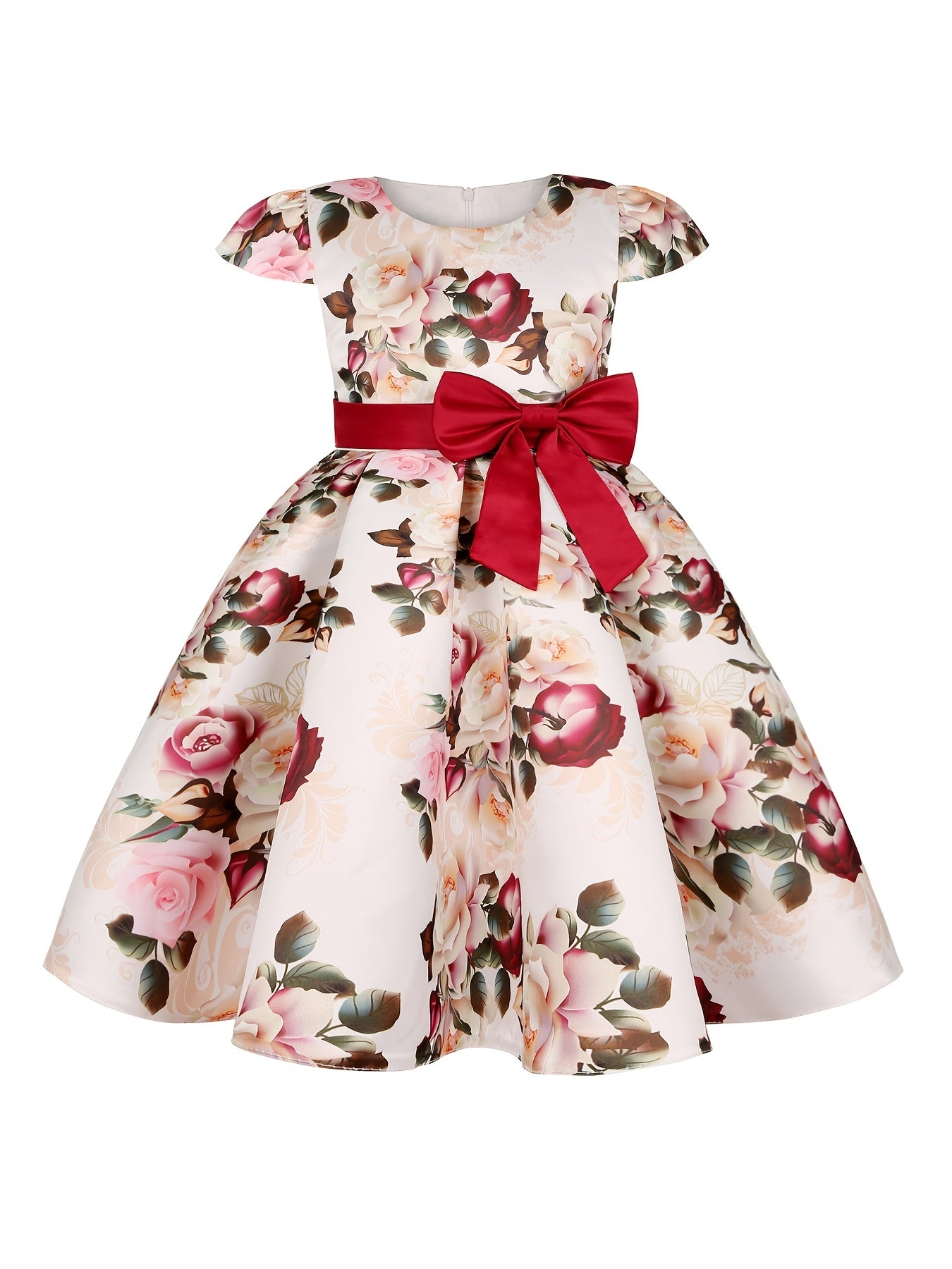 Elegant Floral Print Bowknot Princess Dress for Girls - Fit & Flare Midi with Lace-Up Detail