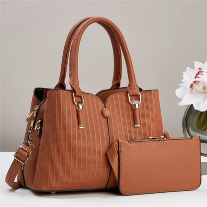 realaiot  2pcs Striped Tote Bag Set, Fashion Solid Color Handbag, Women's Crossbody Bag With Clutch Coin Purse