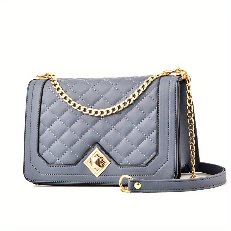 realaiot  Quilted Metal Chain Crossbody Bag, PU Leather Square Bag Purse, Classic Versatile Fashion Shoulder Bag