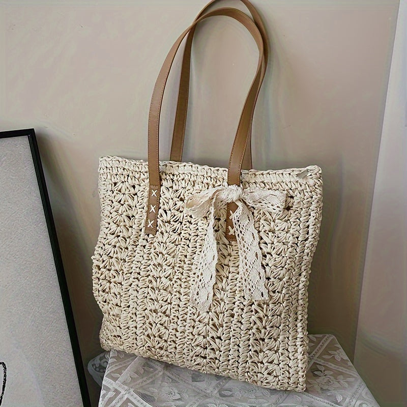 realaiot  Summer Fashion Straw Woven Underarm & Shoulder Bag For Women, Casual Large Capacity Bohemian Beach Handbag