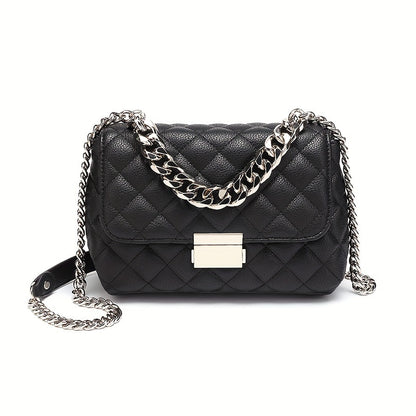 Luxury Chain Crossbody Bag, Women's Argyle Quilted Handbag, Fashion Soft Leather PU Square Purse