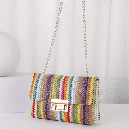 realaiot  Colorful Straw Woven Beach Bag, Fashion Chain Crossbody Bag, Women's Rainbow Design Square Purse