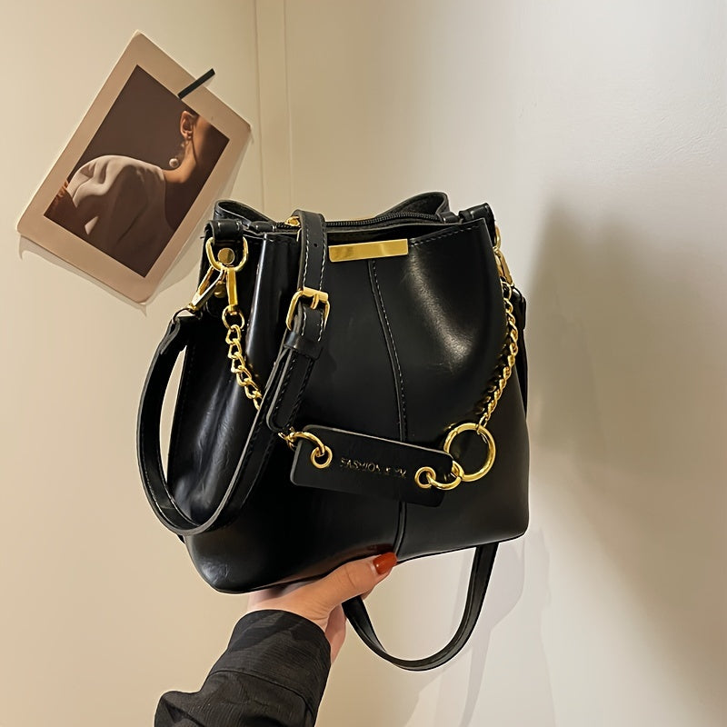 realaiot Retro Style Bucket Bag For Women, Fashion Mini Crossbody Bag, Trendy Chain Decor Handbag