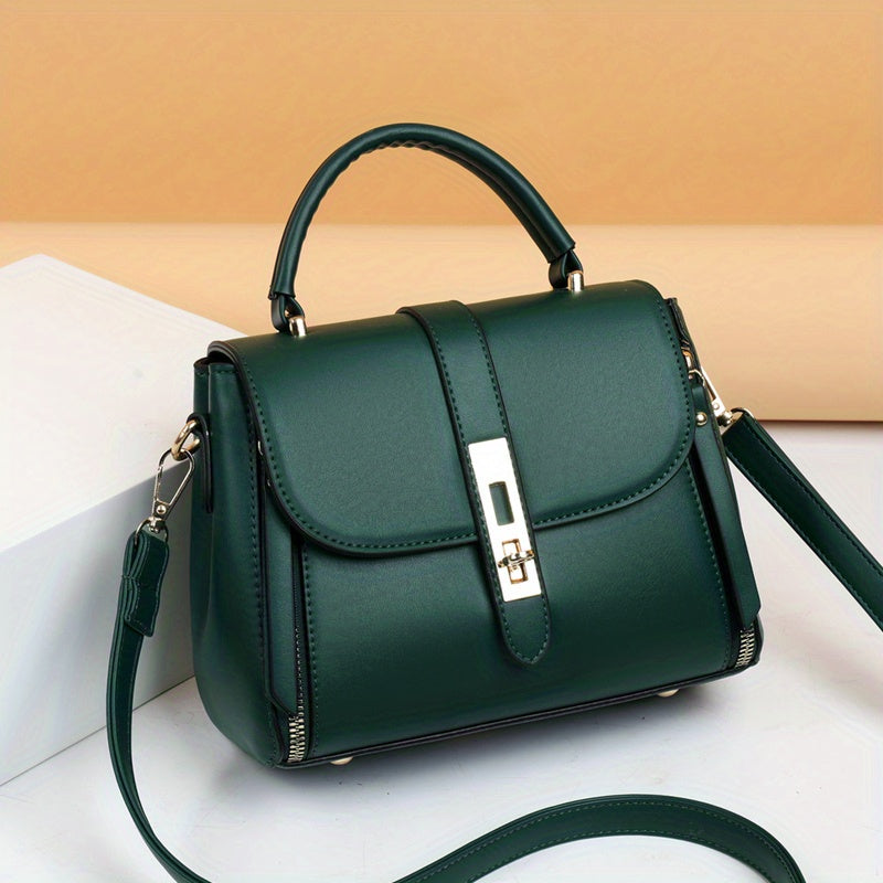 Turn Lock Square Handbag, Solid Color Crossbody Bag, Women's PU Leather Flap Purse