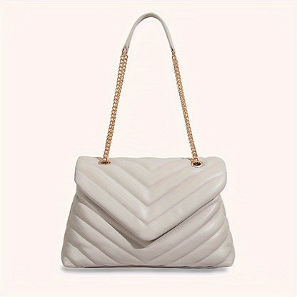 Minimalist Quilted Detail Chain Bag, Classic Solid Color Shoulder Bag, Women's Faux Leather Handbag