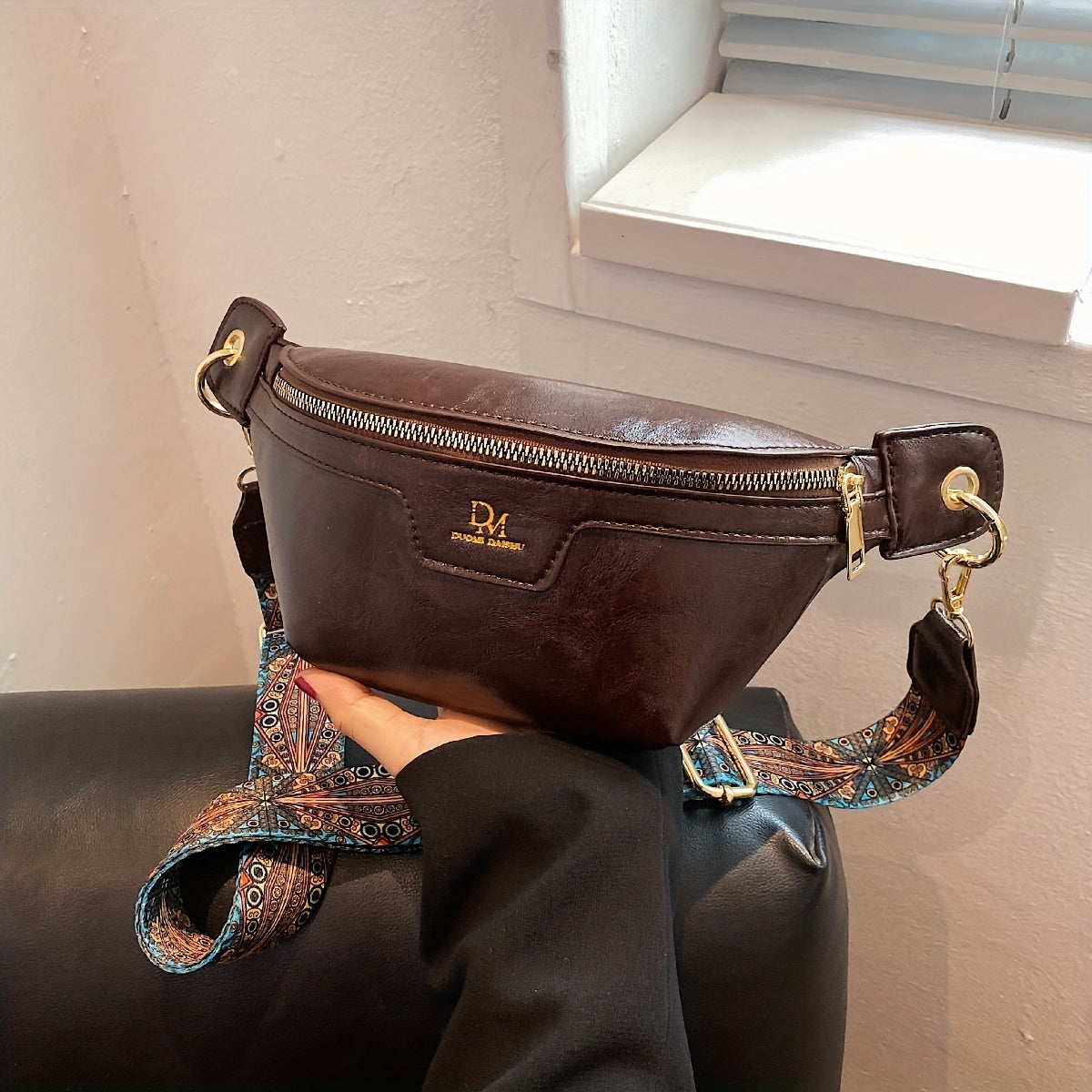 Vintage Waist Pack For Women, Ethnic Style Crossbody Bag, PU Leather Zipper Chest Purse